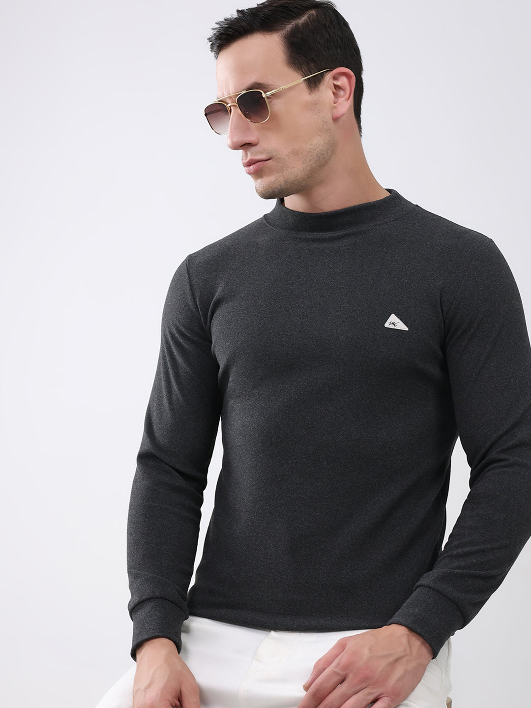 Men Charcoal Solid Round Neck Full Sleeve Winter T-Shirt