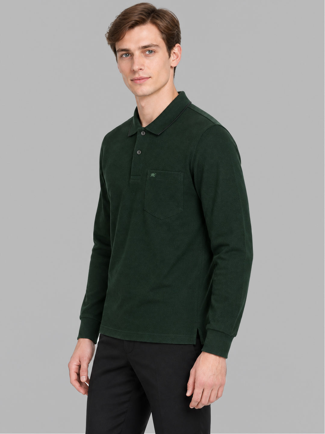 Men Green Solid Polo Collar Full Sleeve Winter T-Shirt