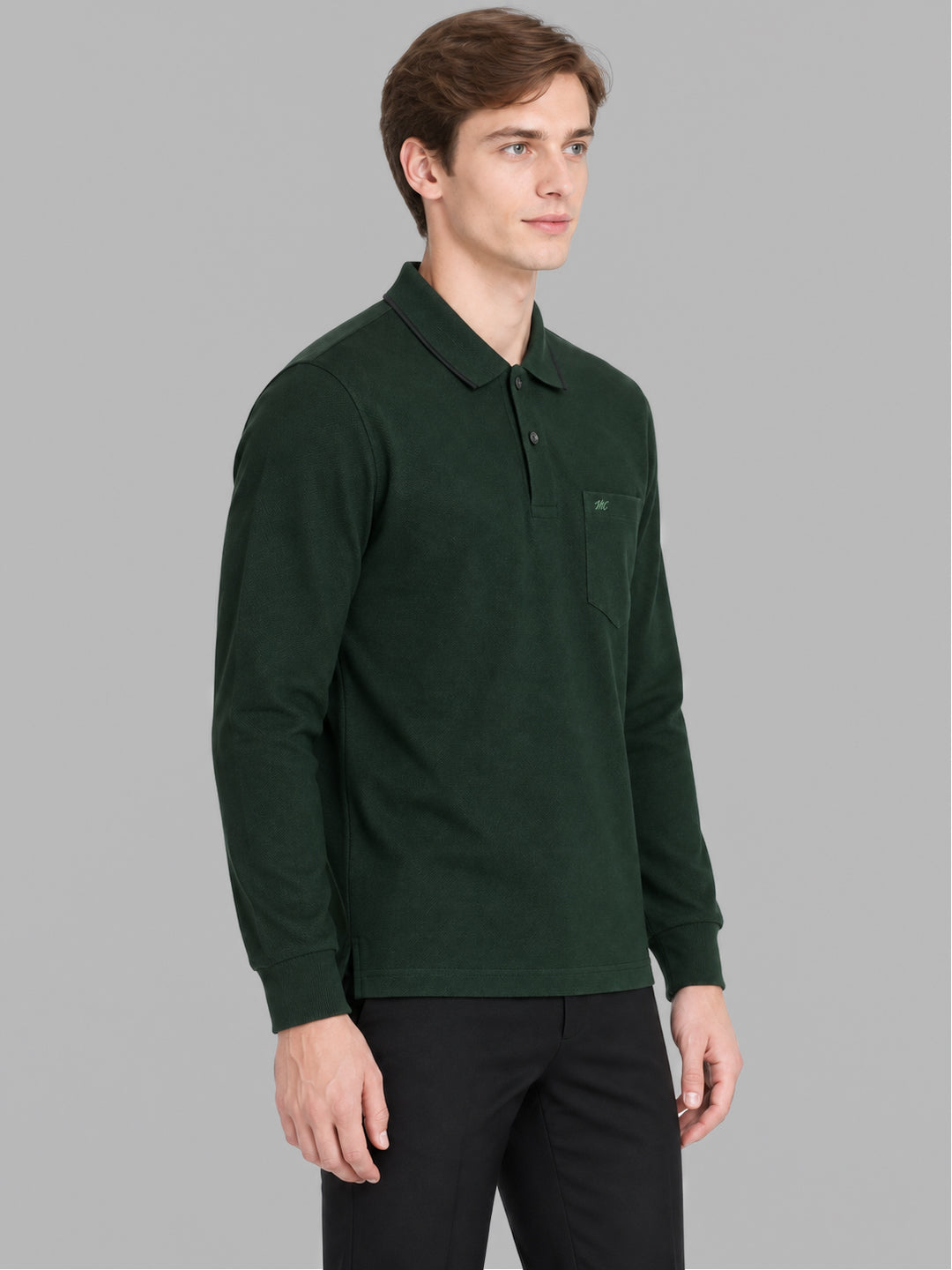 Men Green Solid Polo Collar Full Sleeve Winter T-Shirt