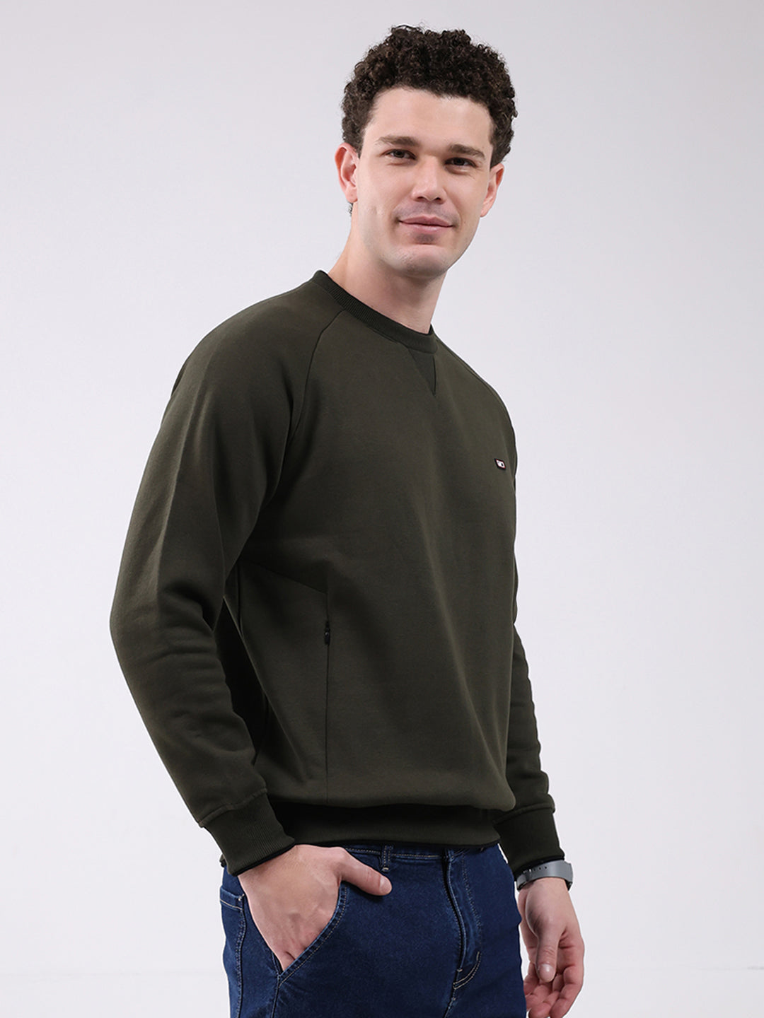 Men Olive Printed Round Neck Full Sleeve Sweatshirt