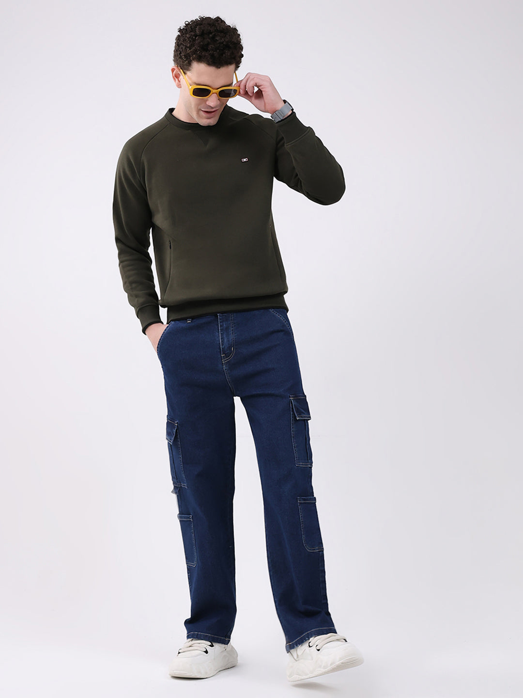 Men Olive Printed Round Neck Full Sleeve Sweatshirt