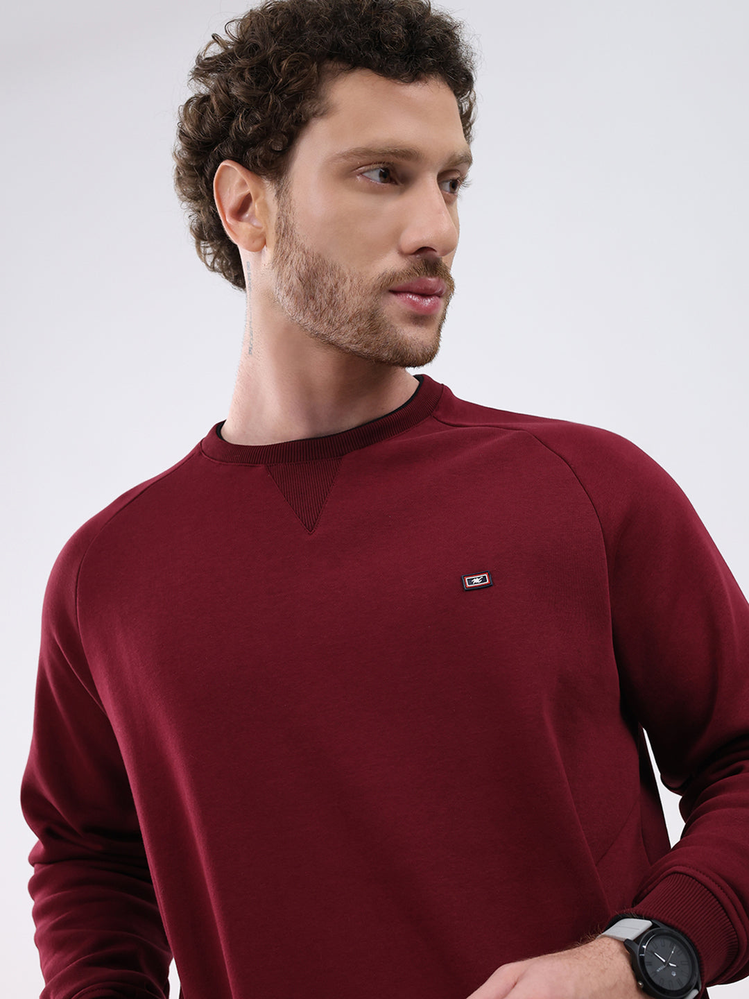 Men Maroon Solid Round Neck Full Sleeve Sweatshirt