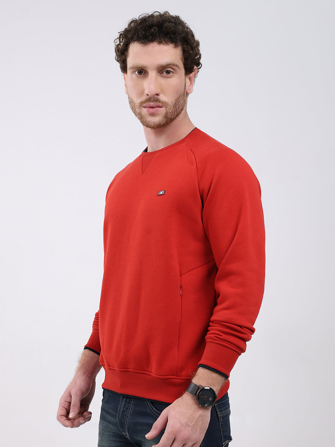 Men Red Printed Round Neck Full Sleeve Sweatshirt
