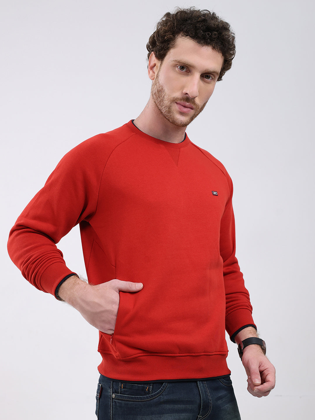 Men Red Printed Round Neck Full Sleeve Sweatshirt