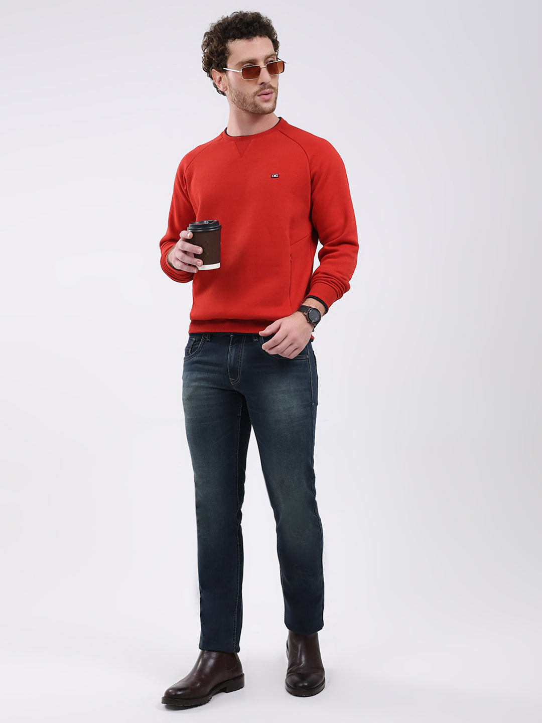 Men Red Printed Round Neck Full Sleeve Sweatshirt