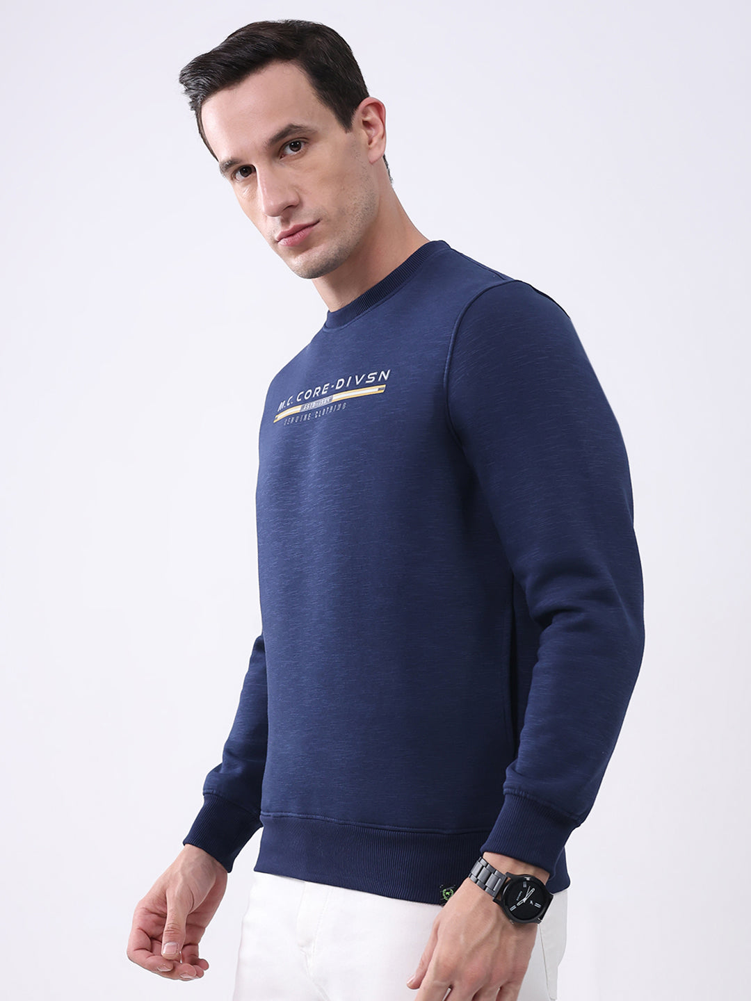 Men Navy Blue Printed Round Neck Full Sleeve Sweatshirt