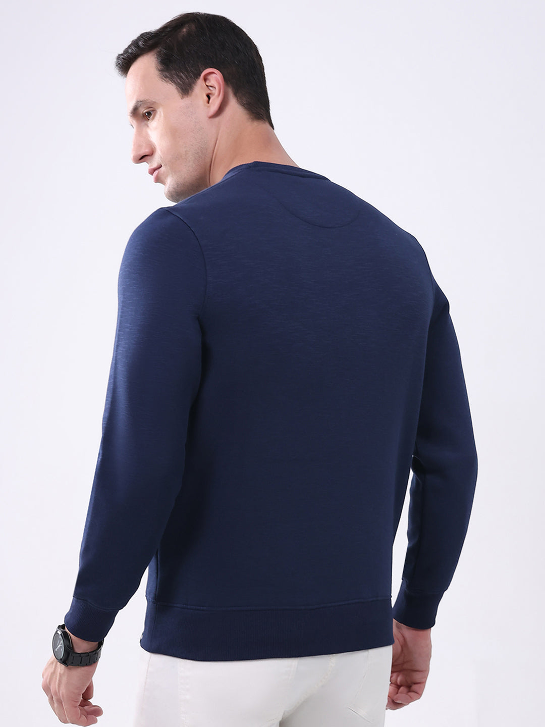 Men Navy Blue Printed Round Neck Full Sleeve Sweatshirt