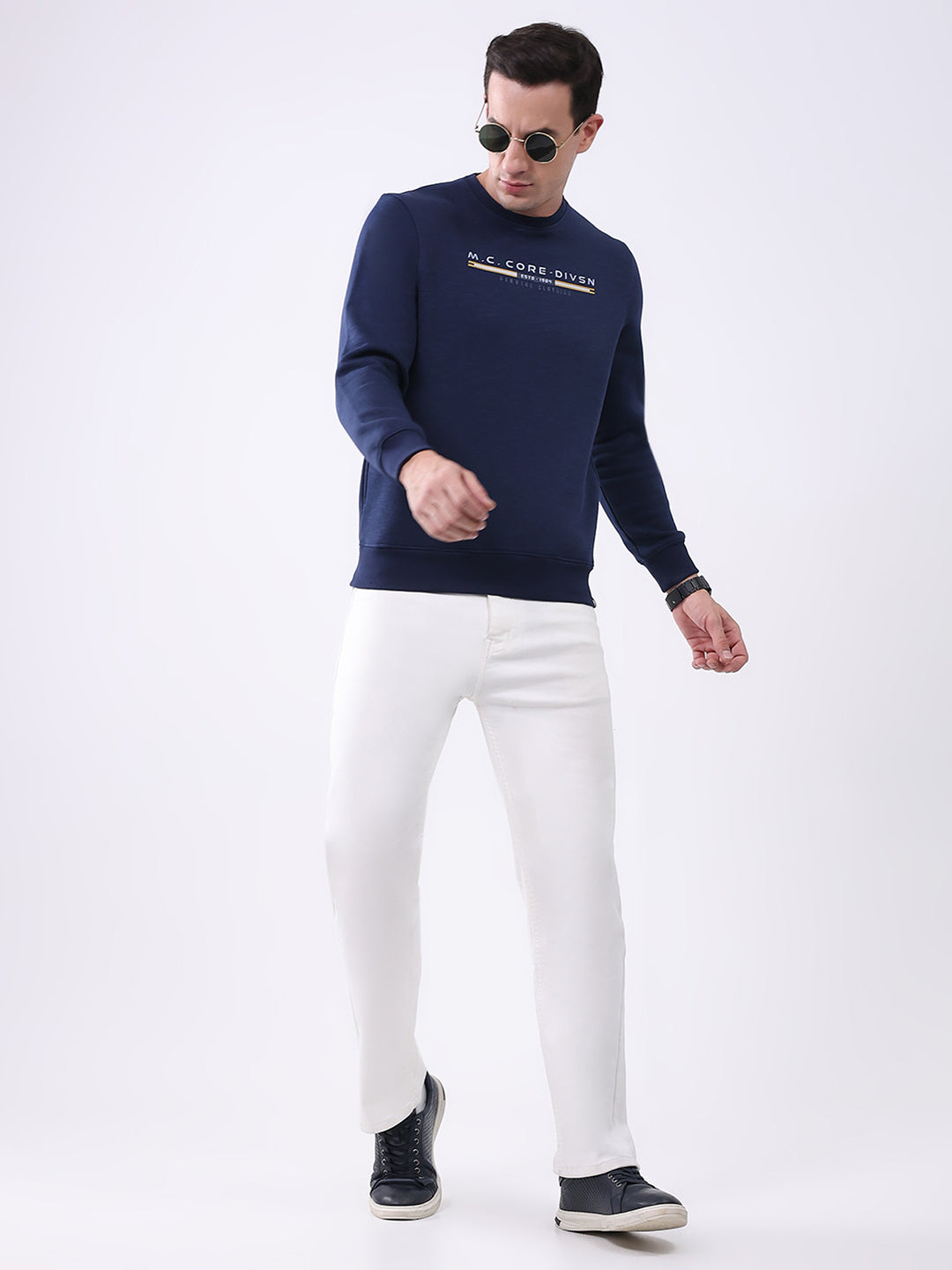 Men Navy Blue Printed Round Neck Full Sleeve Sweatshirt