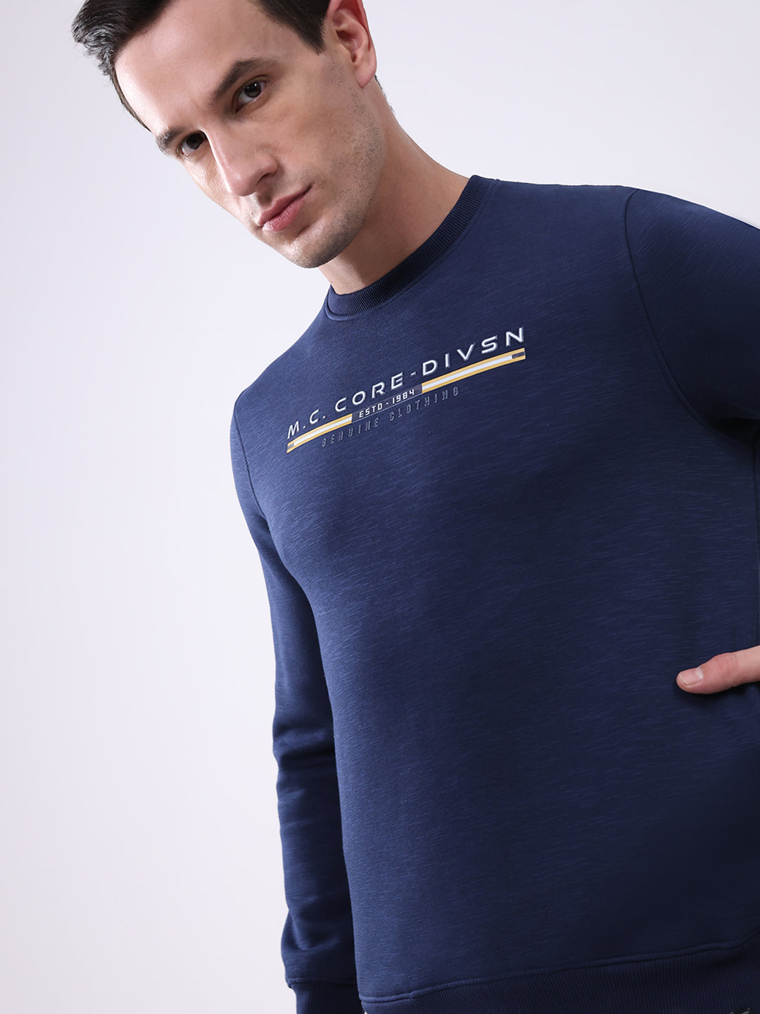 Men Navy Blue Printed Round Neck Full Sleeve Sweatshirt