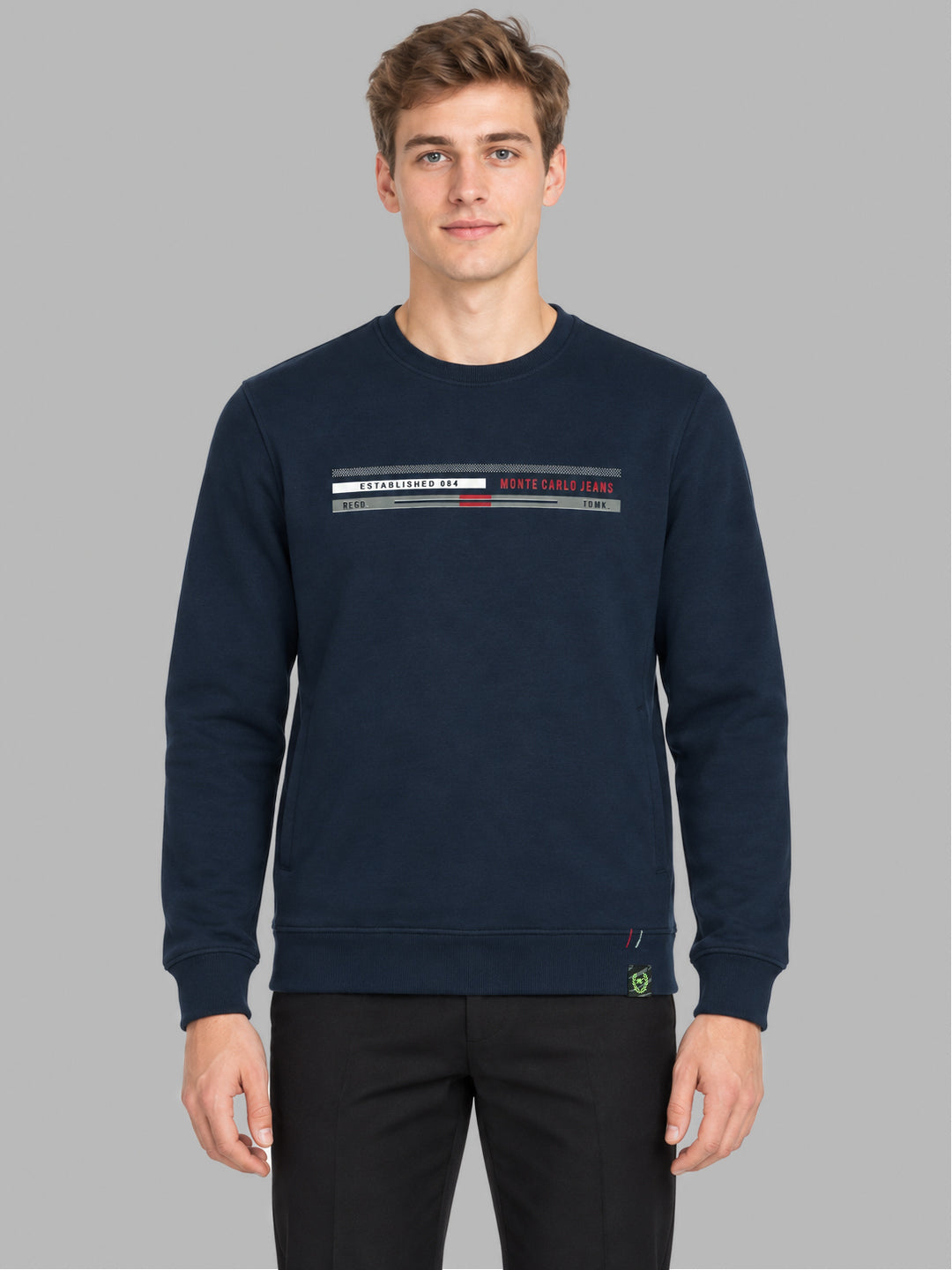 Men Navy Blue Printed Round Neck Full Sleeve Sweatshirt