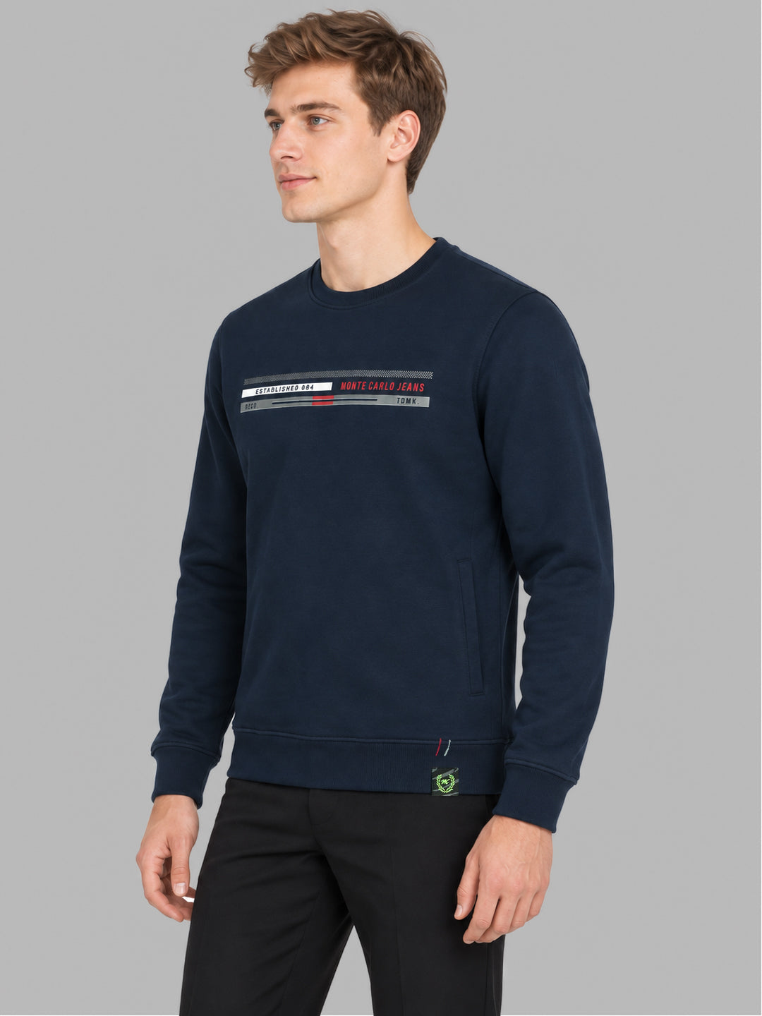 Men Navy Blue Printed Round Neck Full Sleeve Sweatshirt