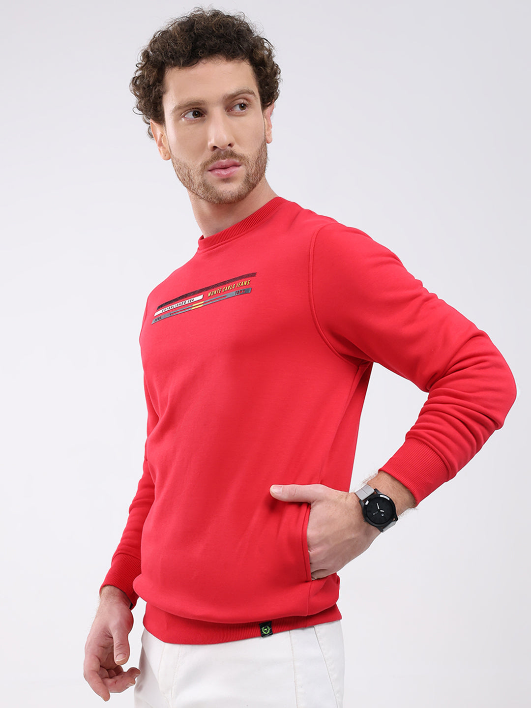 Men Red Printed Round Neck Full Sleeve Sweatshirt