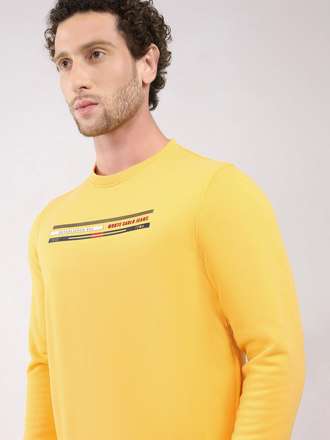 Men Yellow Printed Round Neck Full Sleeve Sweatshirt