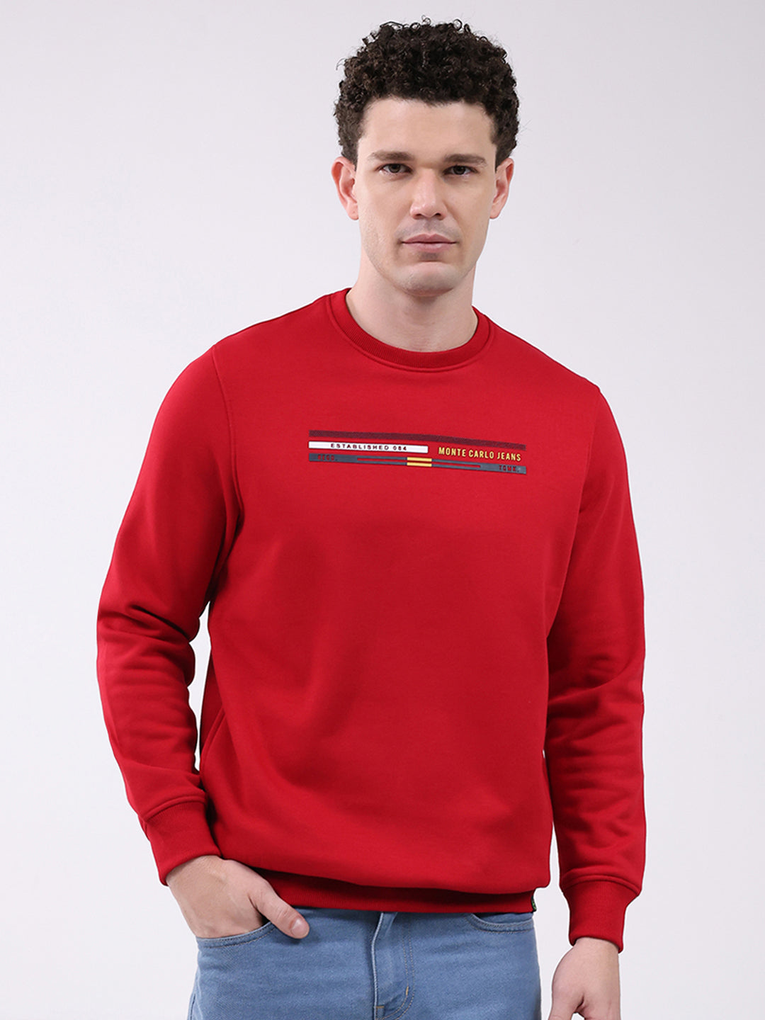 Men Red Printed Round Neck Full Sleeve Sweatshirt