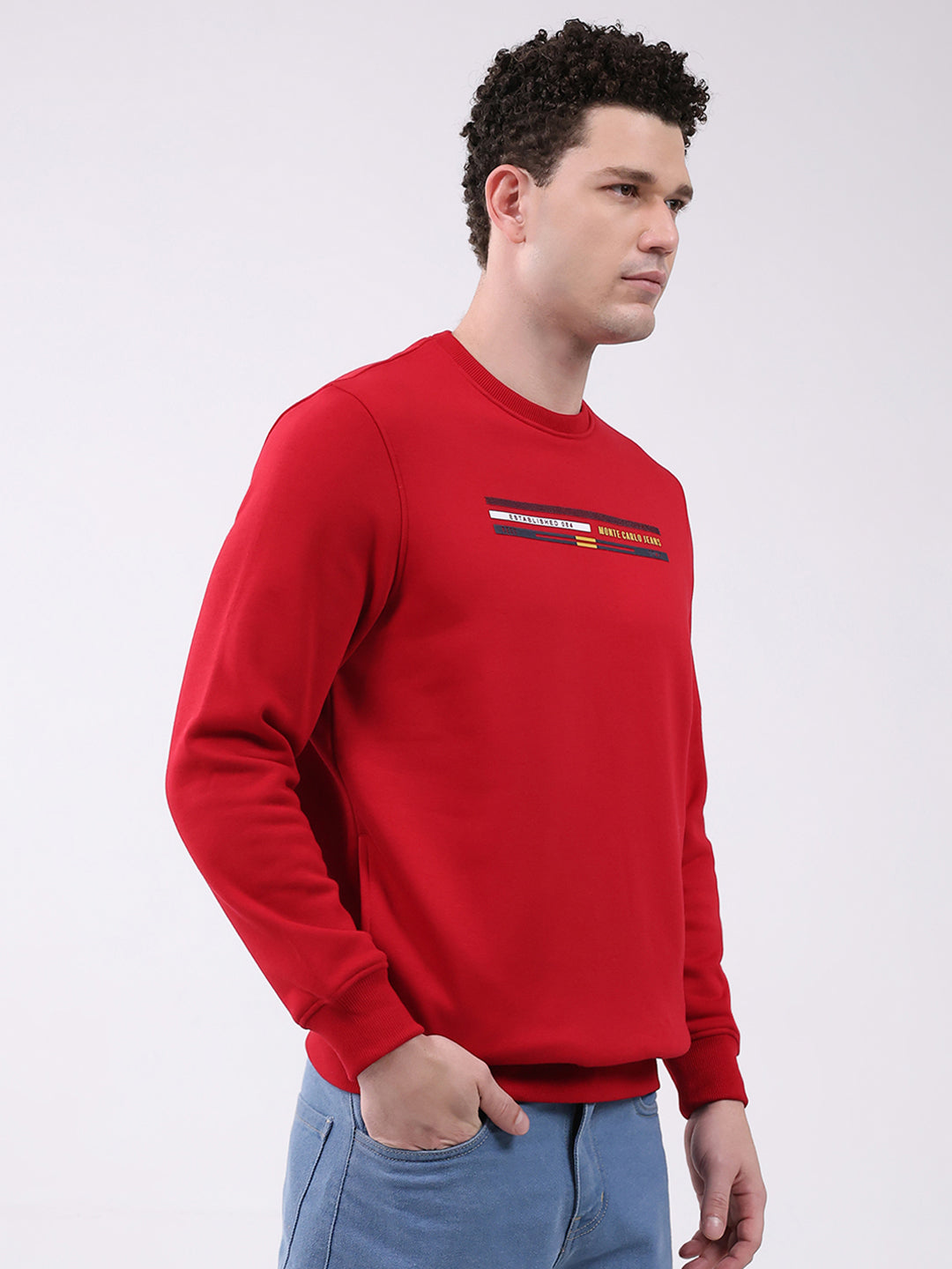 Men Red Printed Round Neck Full Sleeve Sweatshirt
