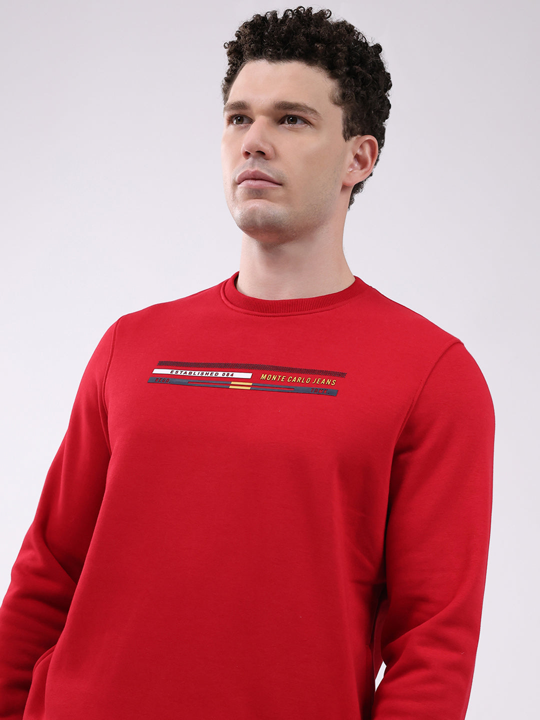 Men Red Printed Round Neck Full Sleeve Sweatshirt
