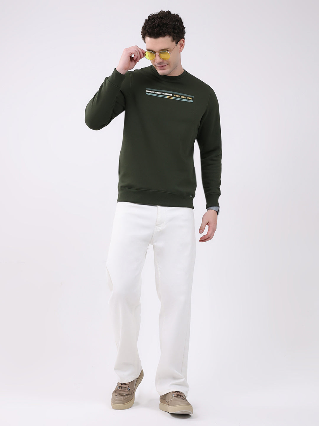 Men Olive Printed Round Neck Full Sleeve Sweatshirt