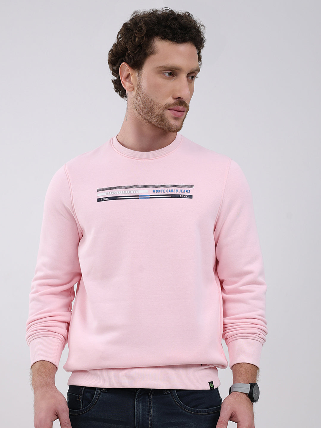 Men Pink Printed Round Neck Full Sleeve Sweatshirt