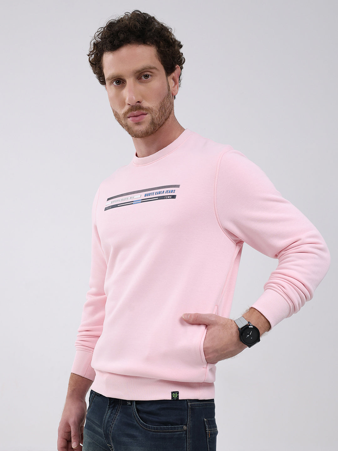 Men Pink Printed Round Neck Full Sleeve Sweatshirt