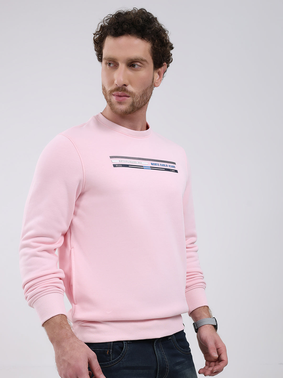 Men Pink Printed Round Neck Full Sleeve Sweatshirt