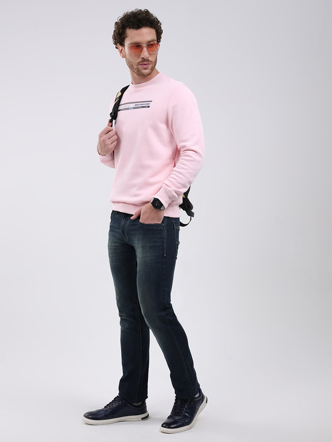Men Pink Printed Round Neck Full Sleeve Sweatshirt