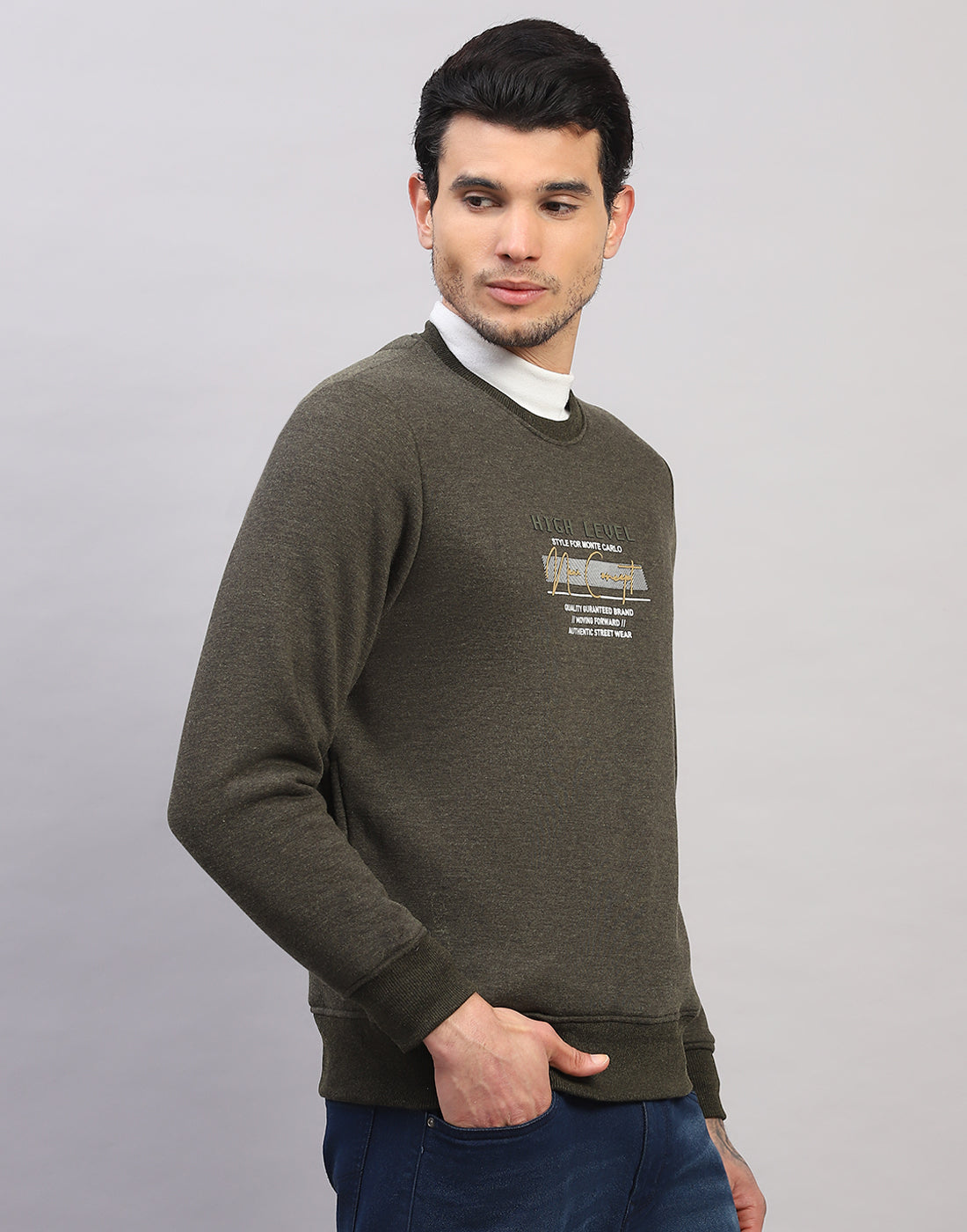 Men Olive Printed Round Neck Full Sleeve Sweatshirt