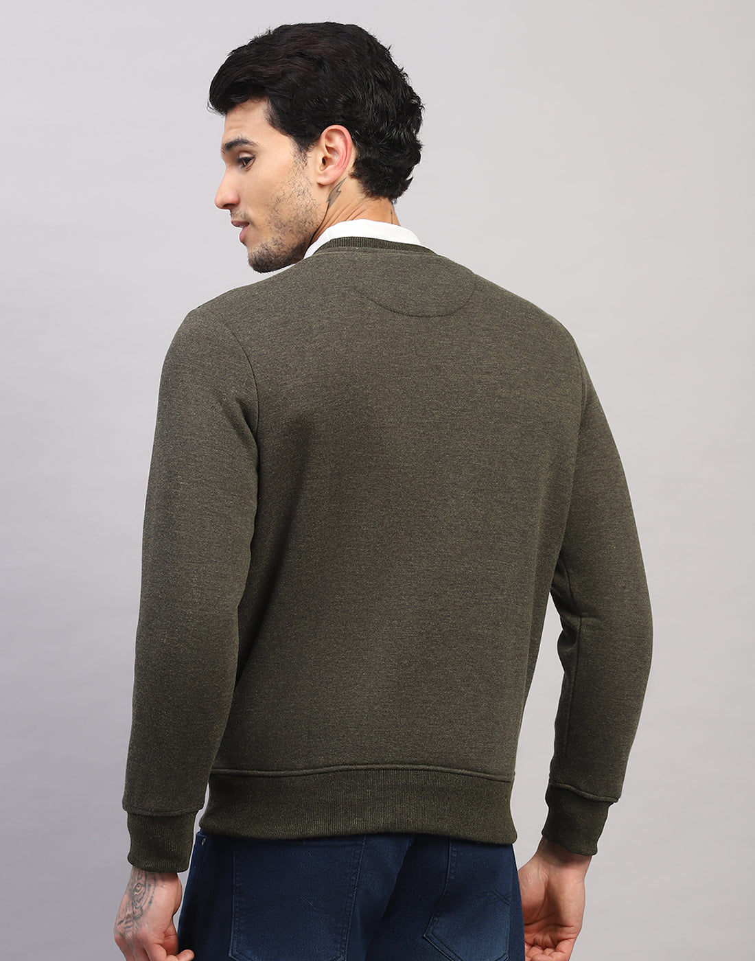 Men Olive Printed Round Neck Full Sleeve Sweatshirt