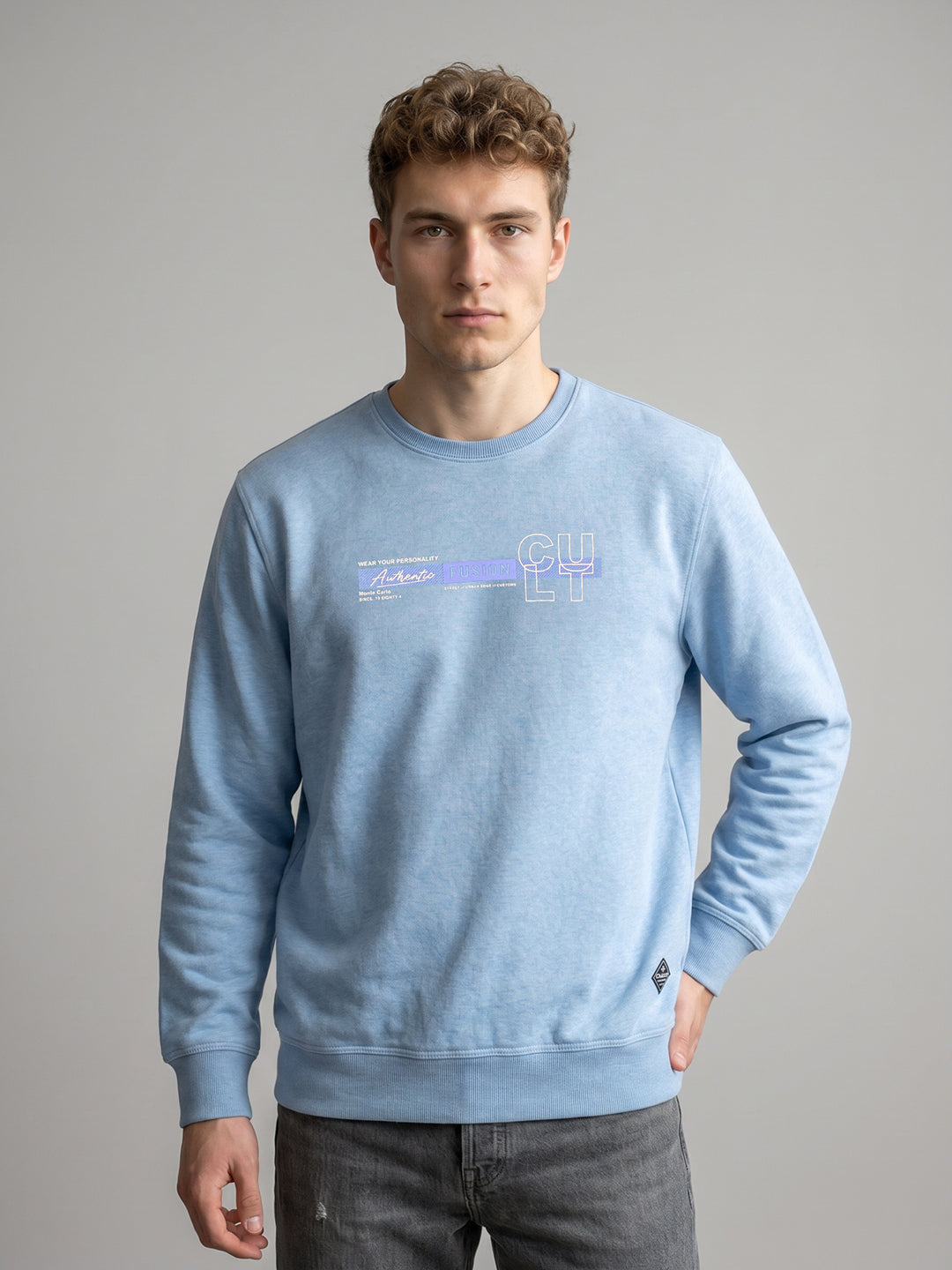 Men Sky Blue Solid Round Neck Full Sleeve Sweatshirt 2 Pc Set