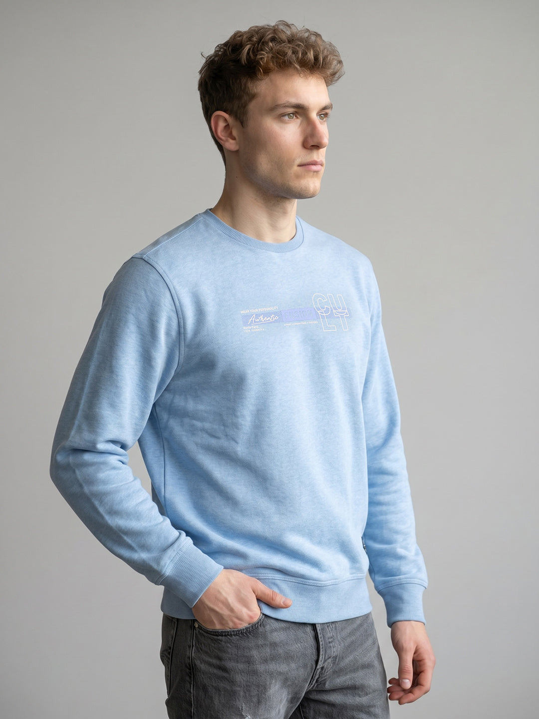Men Sky Blue Solid Round Neck Full Sleeve Sweatshirt 2 Pc Set