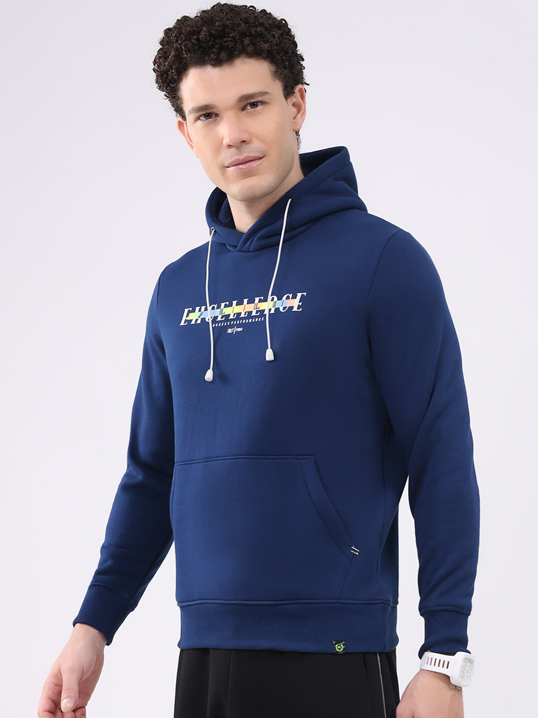 Men Navy Blue Printed Hooded Full Sleeve Sweatshirt