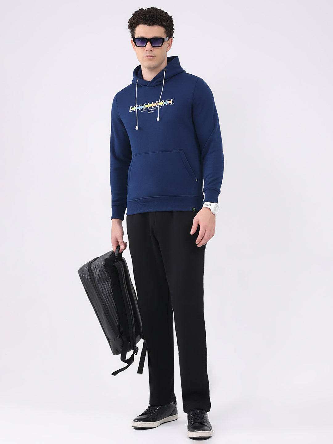 Men Navy Blue Printed Hooded Full Sleeve Sweatshirt