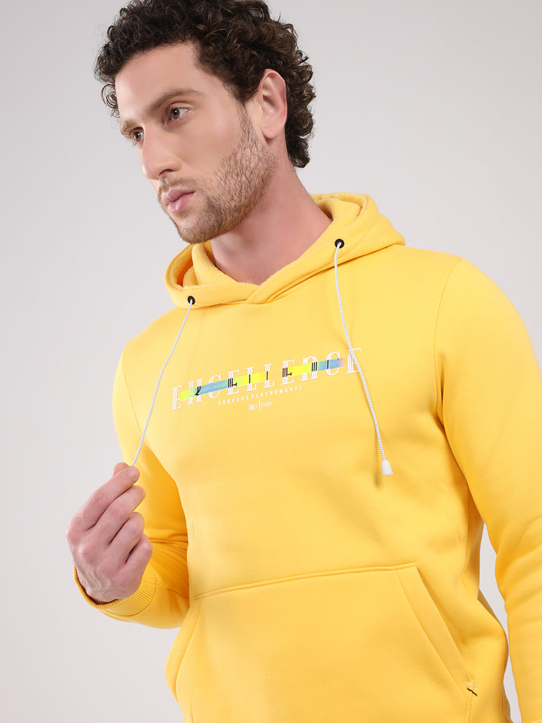Men Yellow Printed Hooded Full Sleeve Sweatshirt