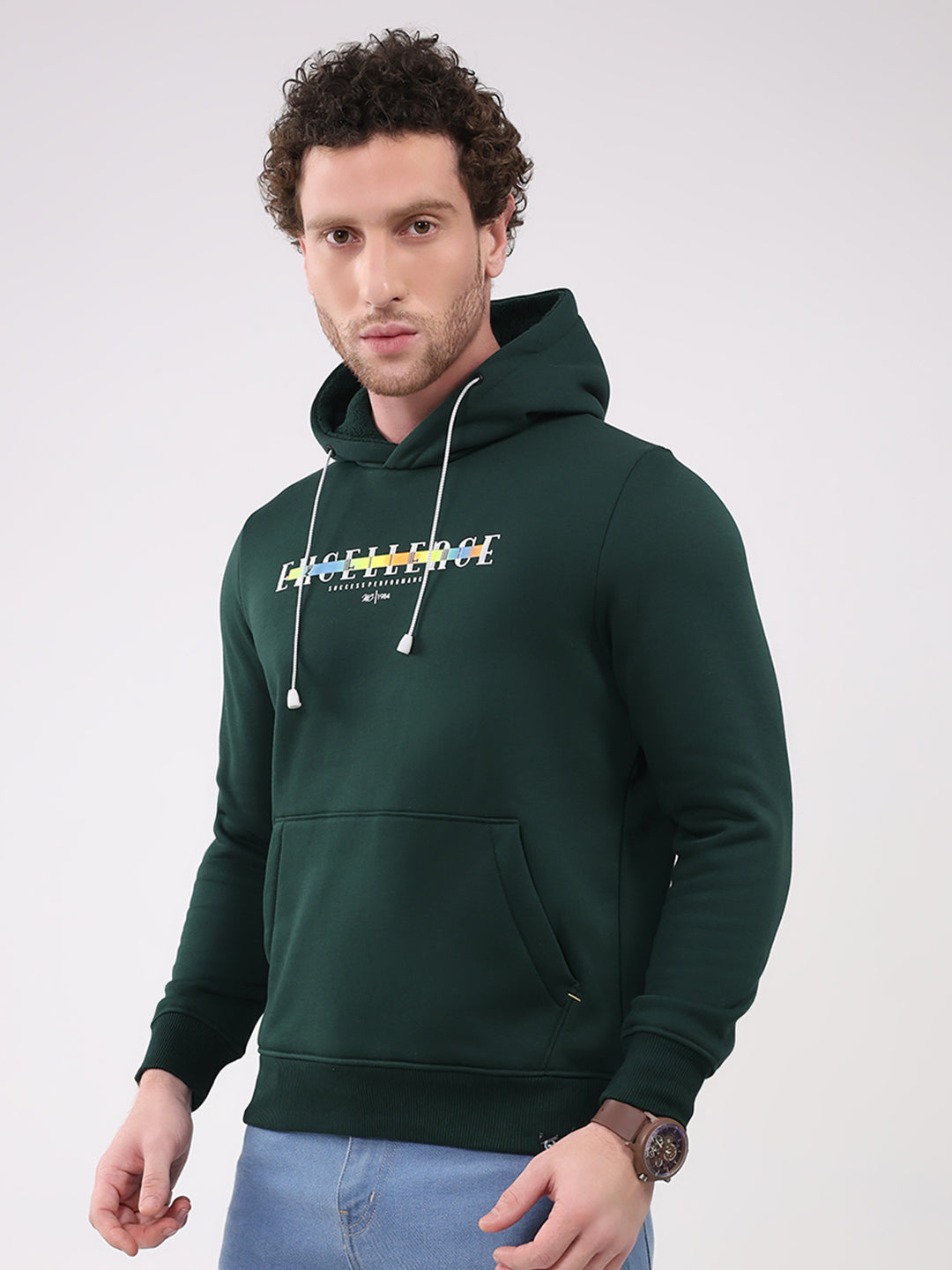 Men Green Printed Hooded Full Sleeve Sweatshirt