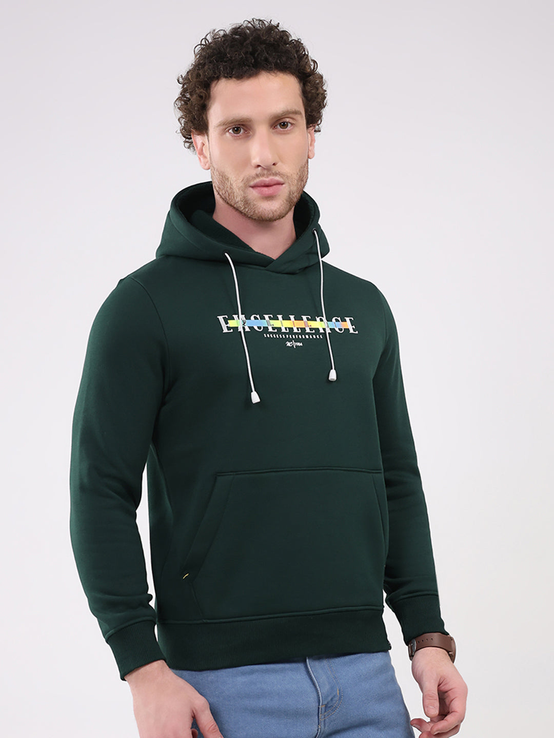 Men Green Printed Hooded Full Sleeve Sweatshirt