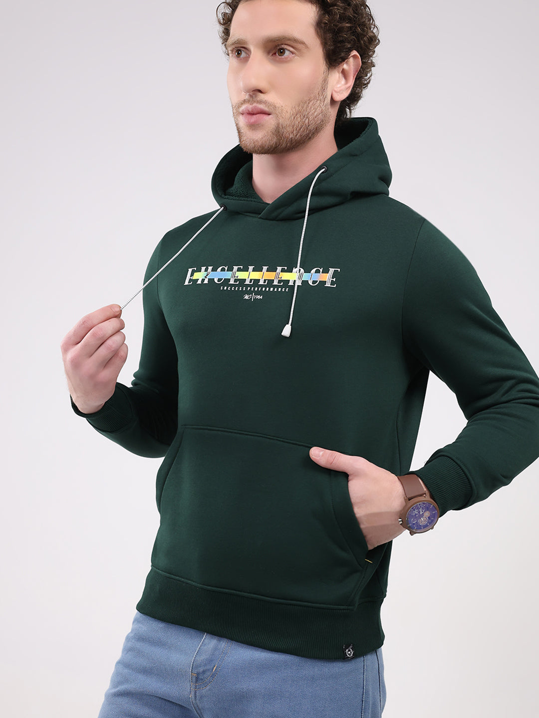 Men Green Printed Hooded Full Sleeve Sweatshirt