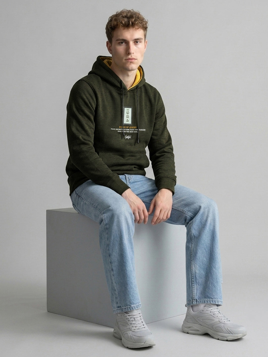 Men Green Printed Hooded Full Sleeve Sweatshirt