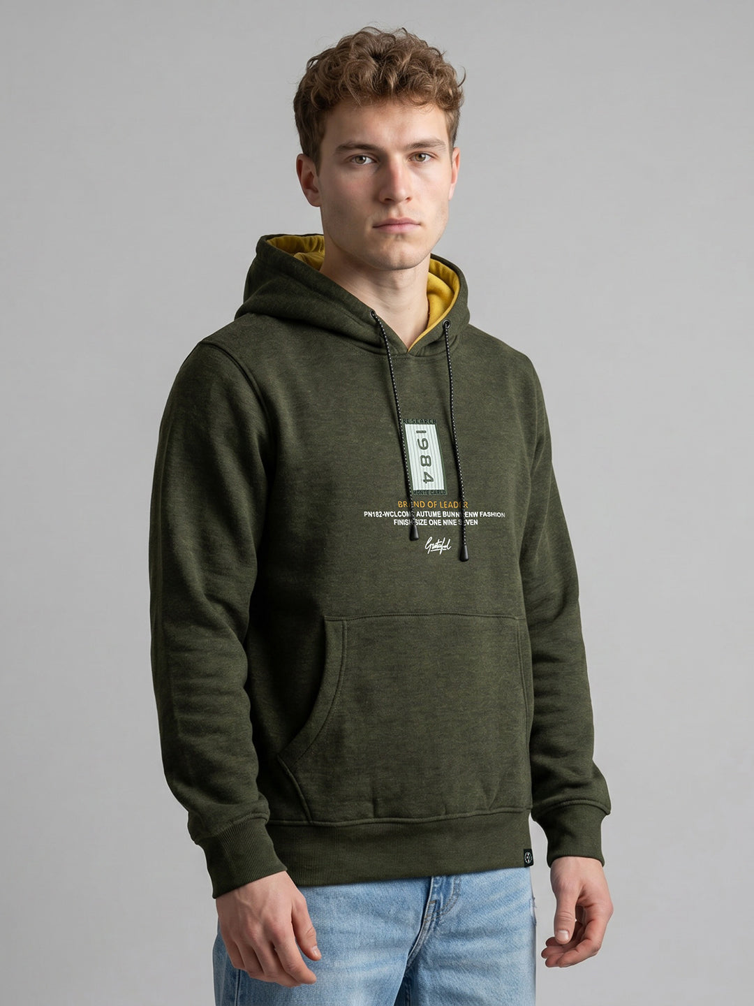 Men Green Printed Hooded Full Sleeve Sweatshirt
