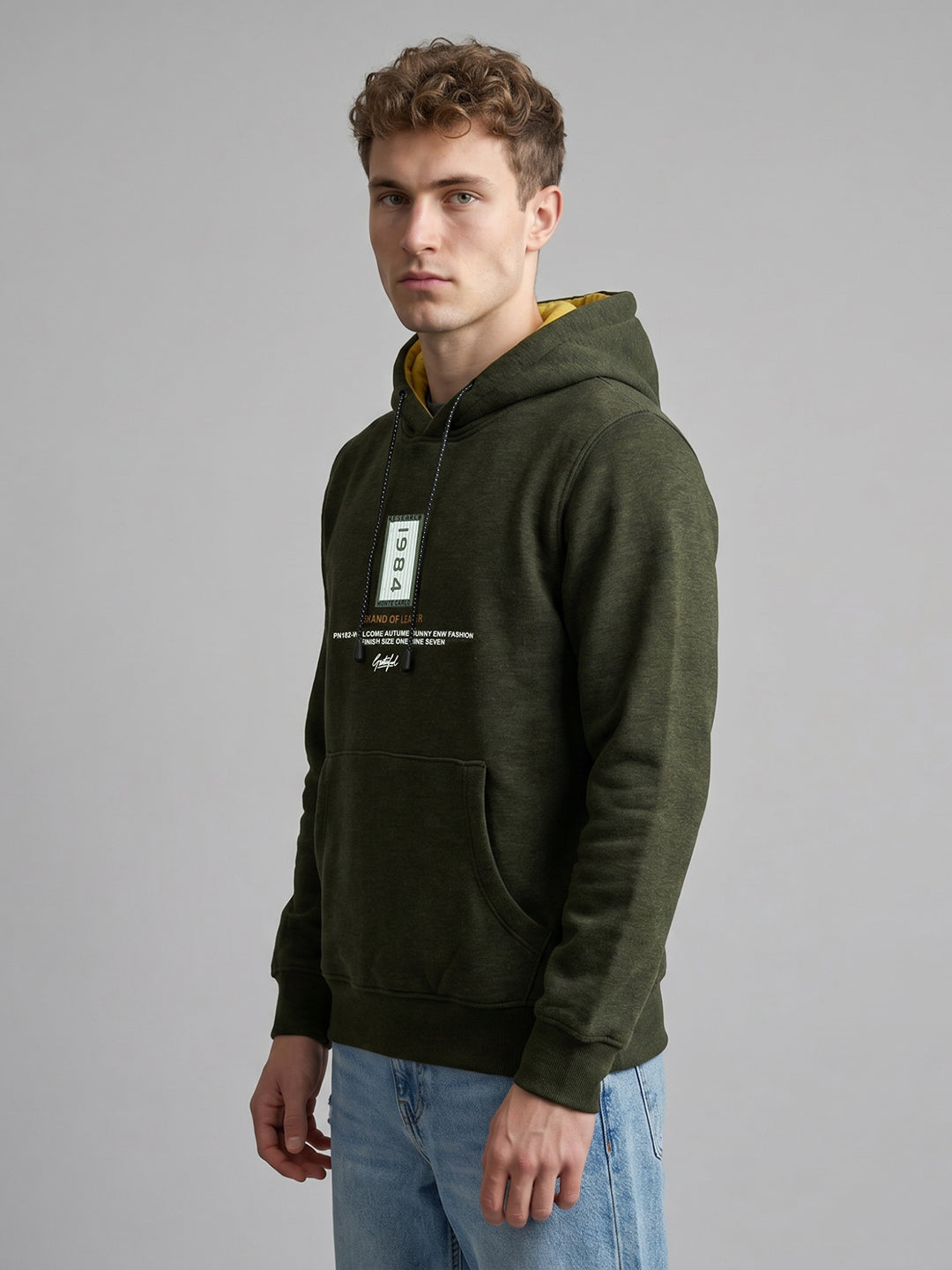 Men Green Printed Hooded Full Sleeve Sweatshirt