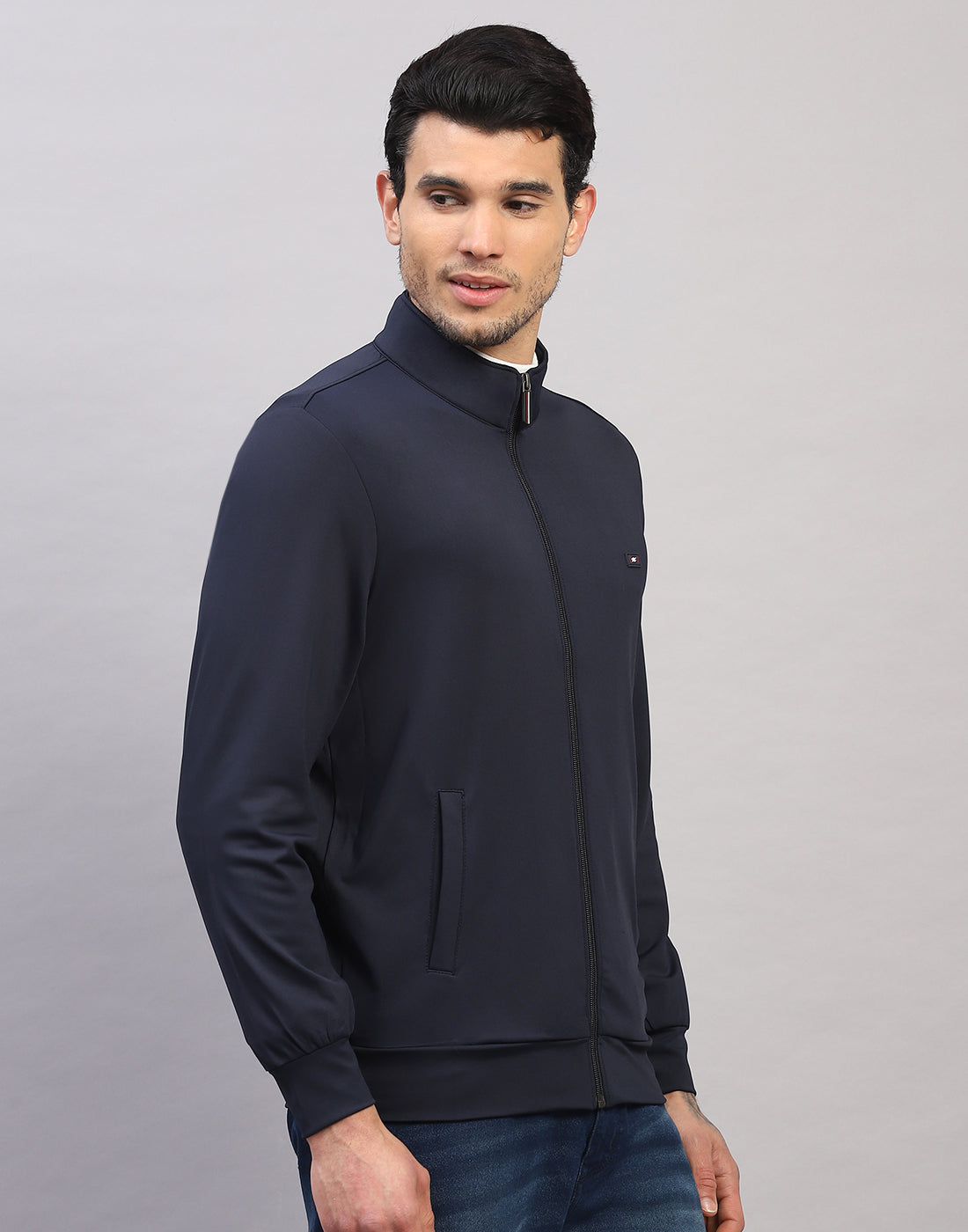Men Navy Blue Solid Collar Full Sleeve Sweatshirt