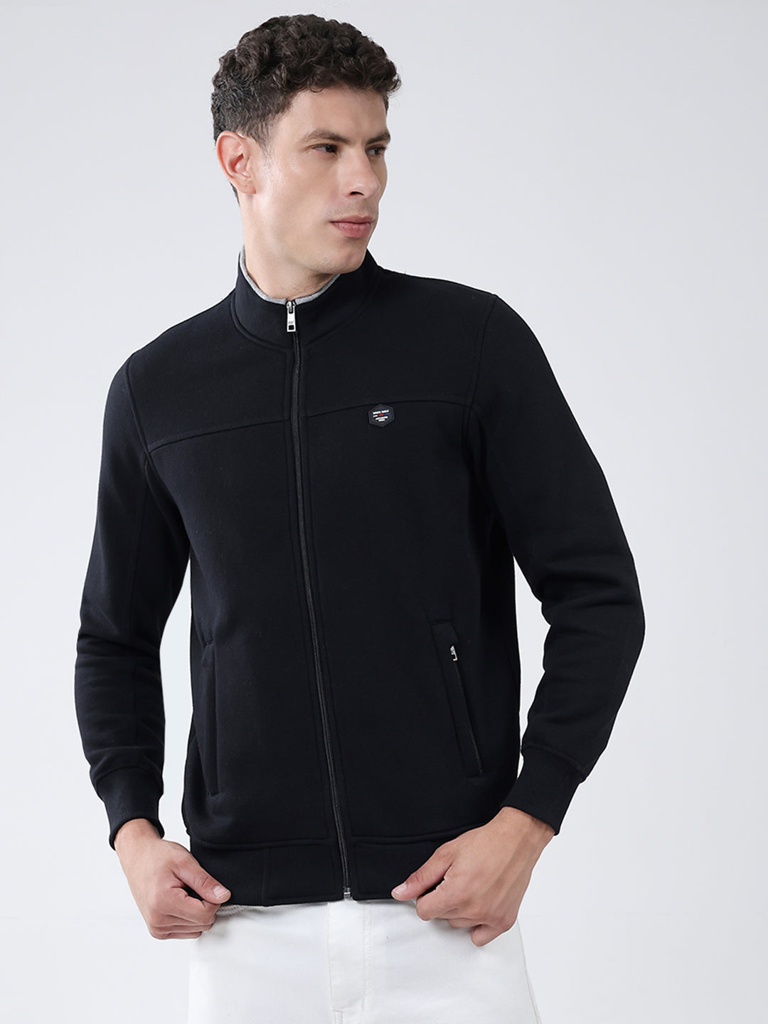 Men Black Solid Mock Neck Full Sleeve Sweatshirt