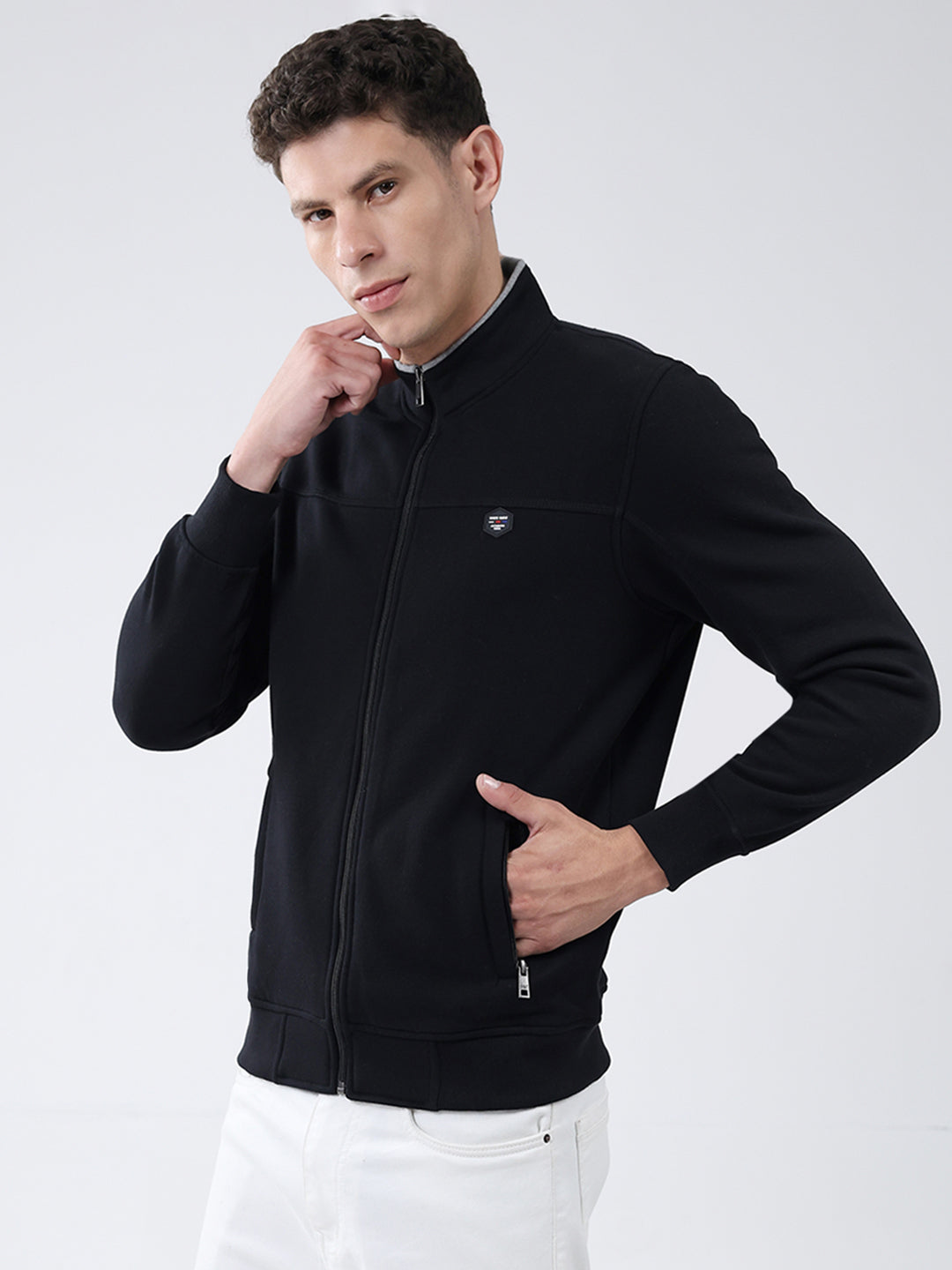 Men Black Solid Mock Neck Full Sleeve Sweatshirt