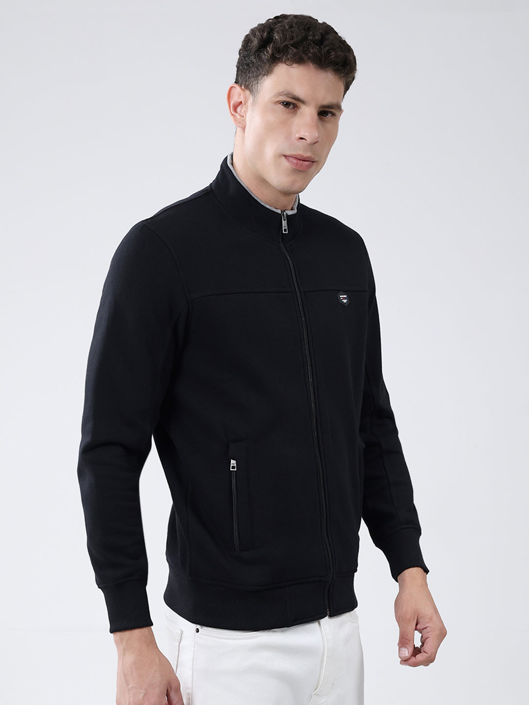 Men Black Solid Mock Neck Full Sleeve Sweatshirt