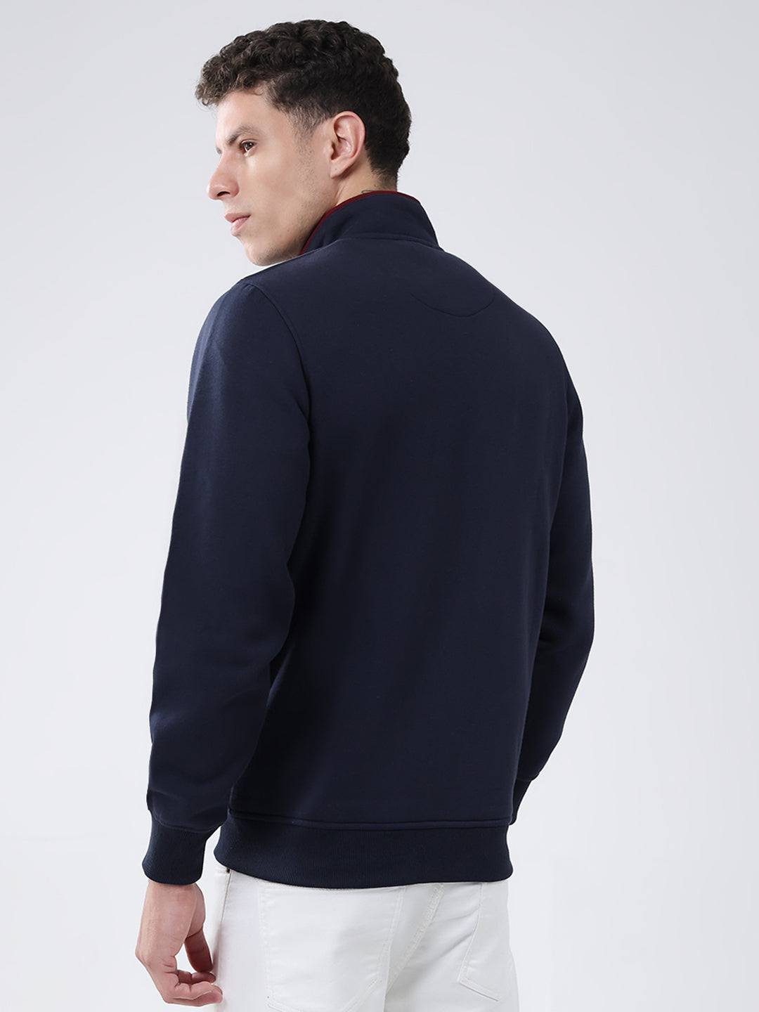 Men Navy Blue Solid Mock Neck Full Sleeve Sweatshirt