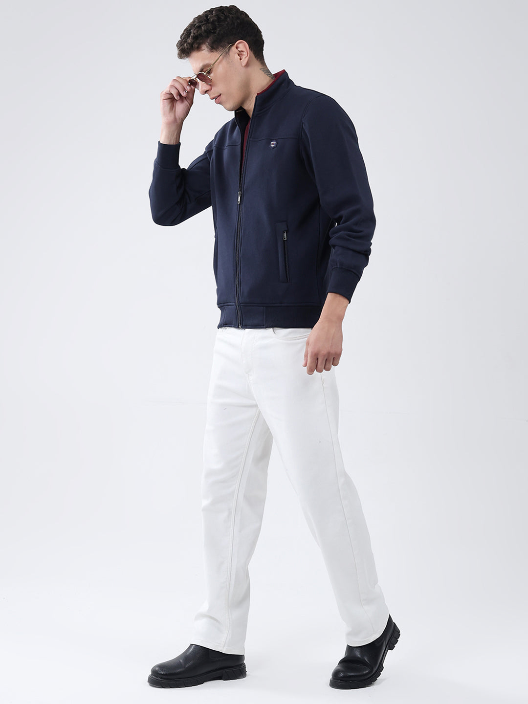 Men Navy Blue Solid Mock Neck Full Sleeve Sweatshirt