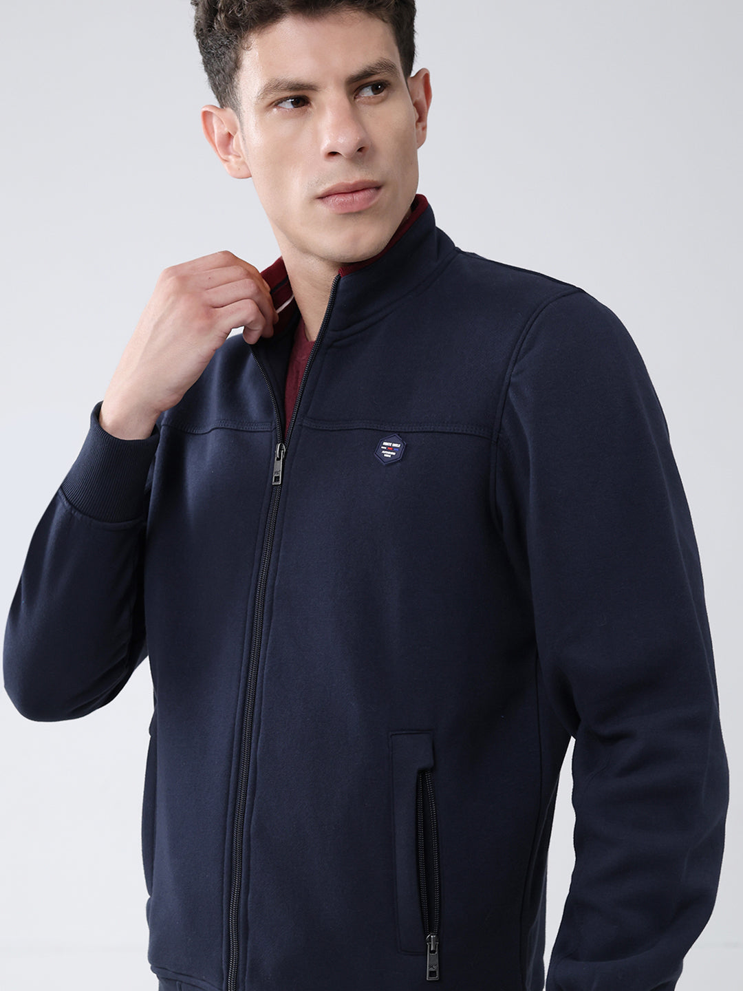 Men Navy Blue Solid Mock Neck Full Sleeve Sweatshirt