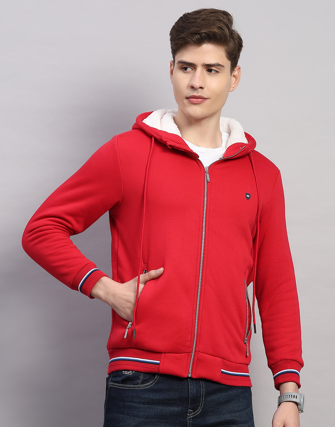 Men Red Solid Hooded Full Sleeve Sweatshirt