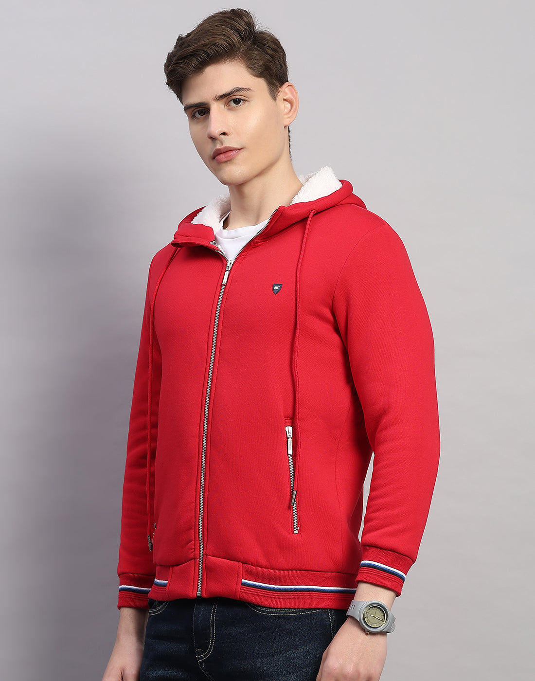 Men Red Solid Hooded Full Sleeve Sweatshirt