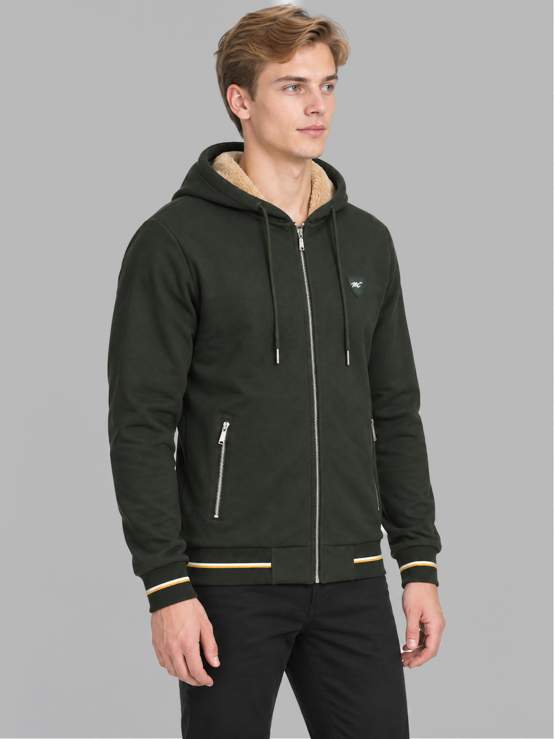 Men Olive Solid Hooded Full Sleeve Sweatshirt