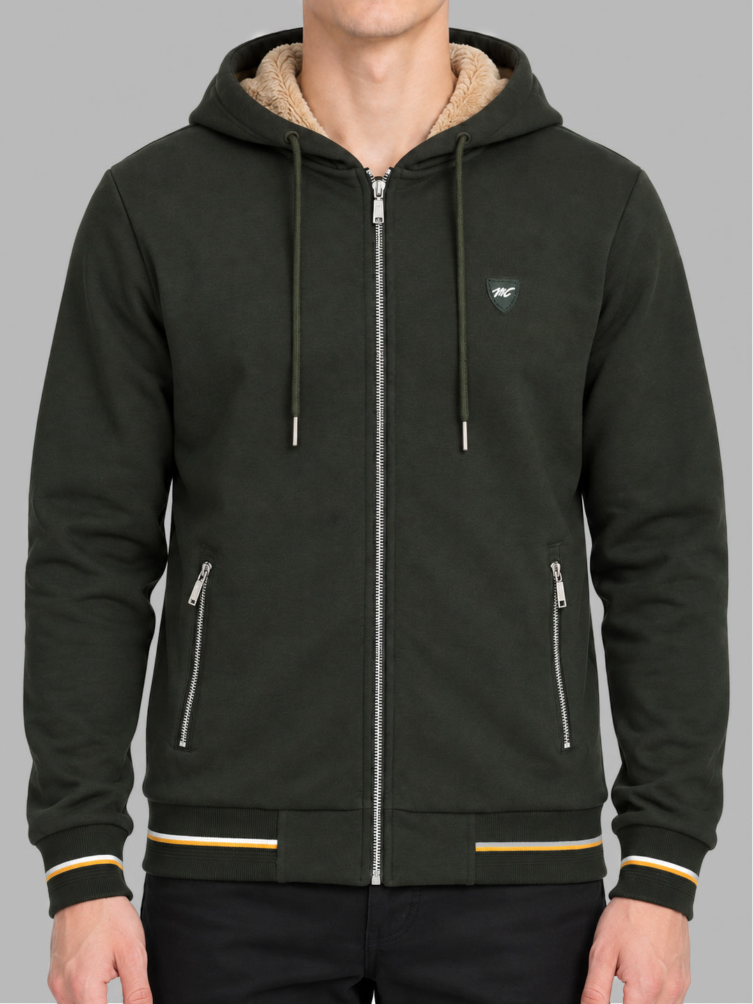 Men Olive Solid Hooded Full Sleeve Sweatshirt