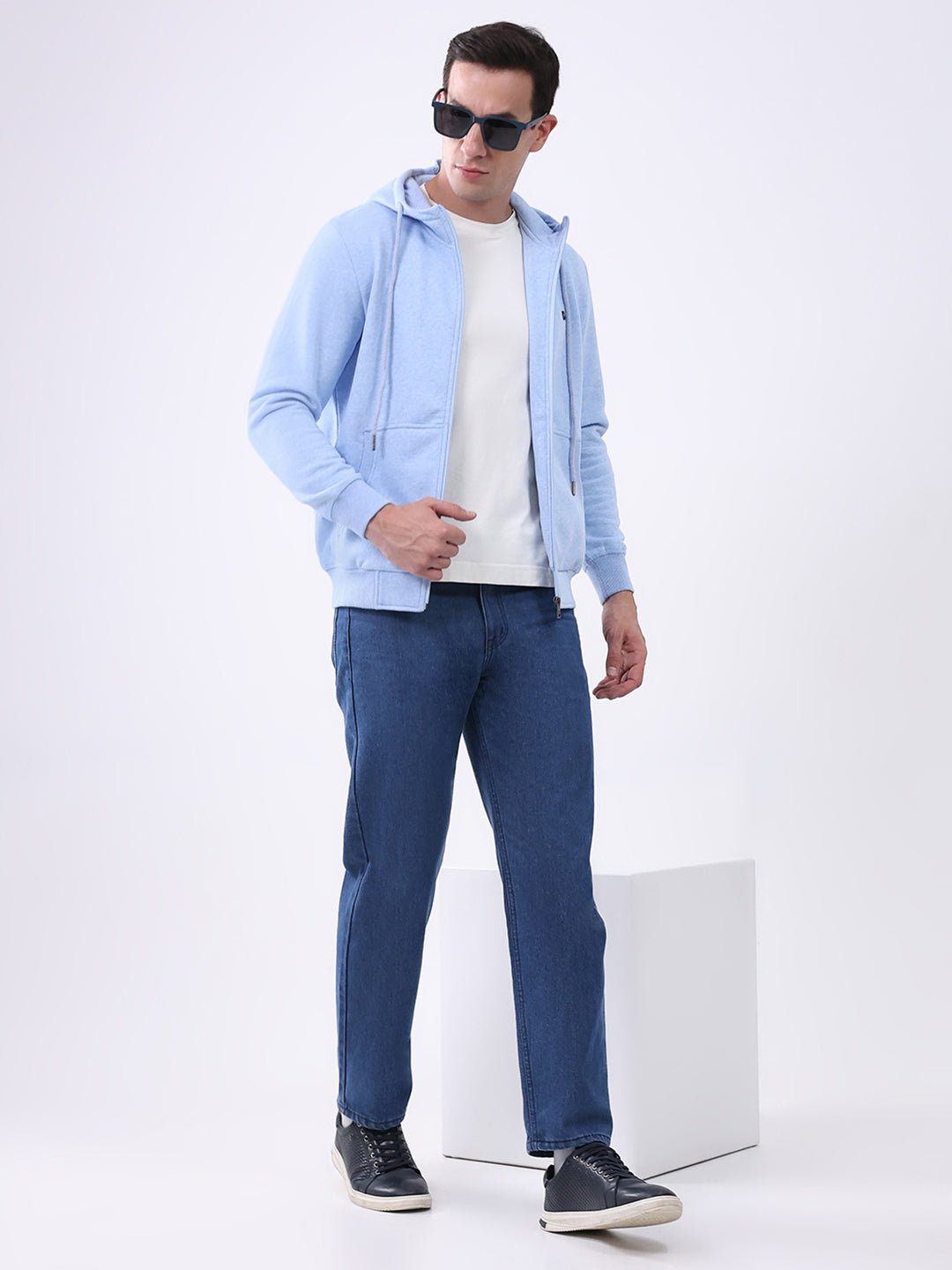 Men Sky Blue Solid Hooded Full Sleeve Sweatshirt